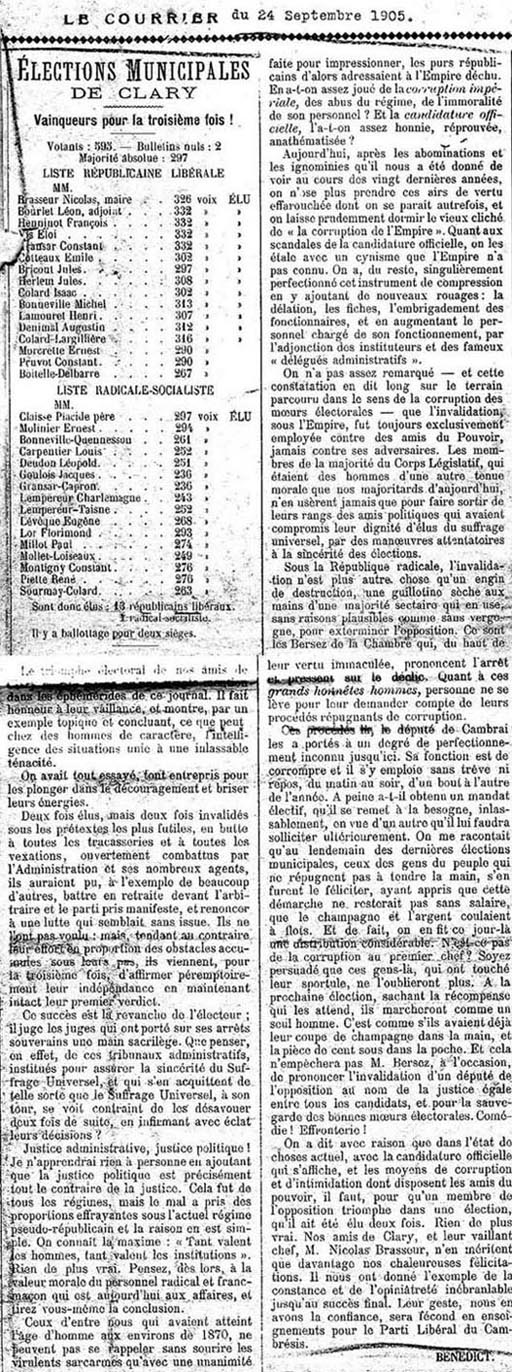 Article du «Courrier» relatant la victoire définitive de 1905. La phrase illisible dit :«Le triomphe électoral de nos amis de Clary mérite mieux qu'une simple mention dans les éphémérides de ce journal».